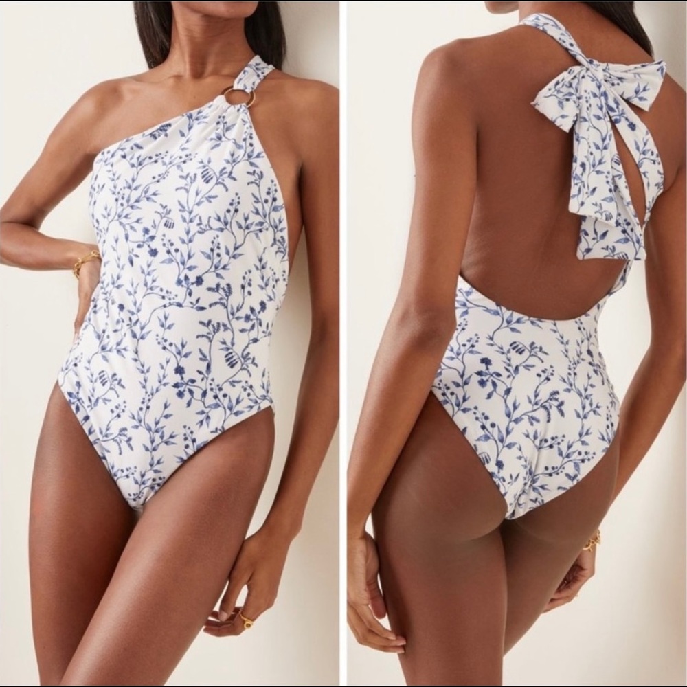Agua Bendita Fresa One Shoulder Piece Swimsuit XS Acacias Floral Print Blue NWT